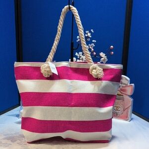 Pink and White Striped Tote Bag
